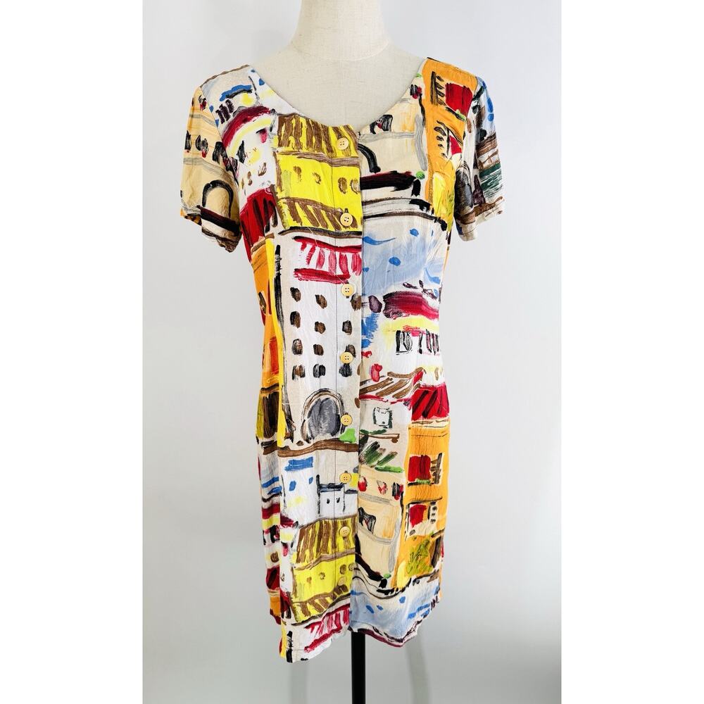 Jams World Dress Vintage Abstract City Shapes 90's Button Front Mini Art To Wear